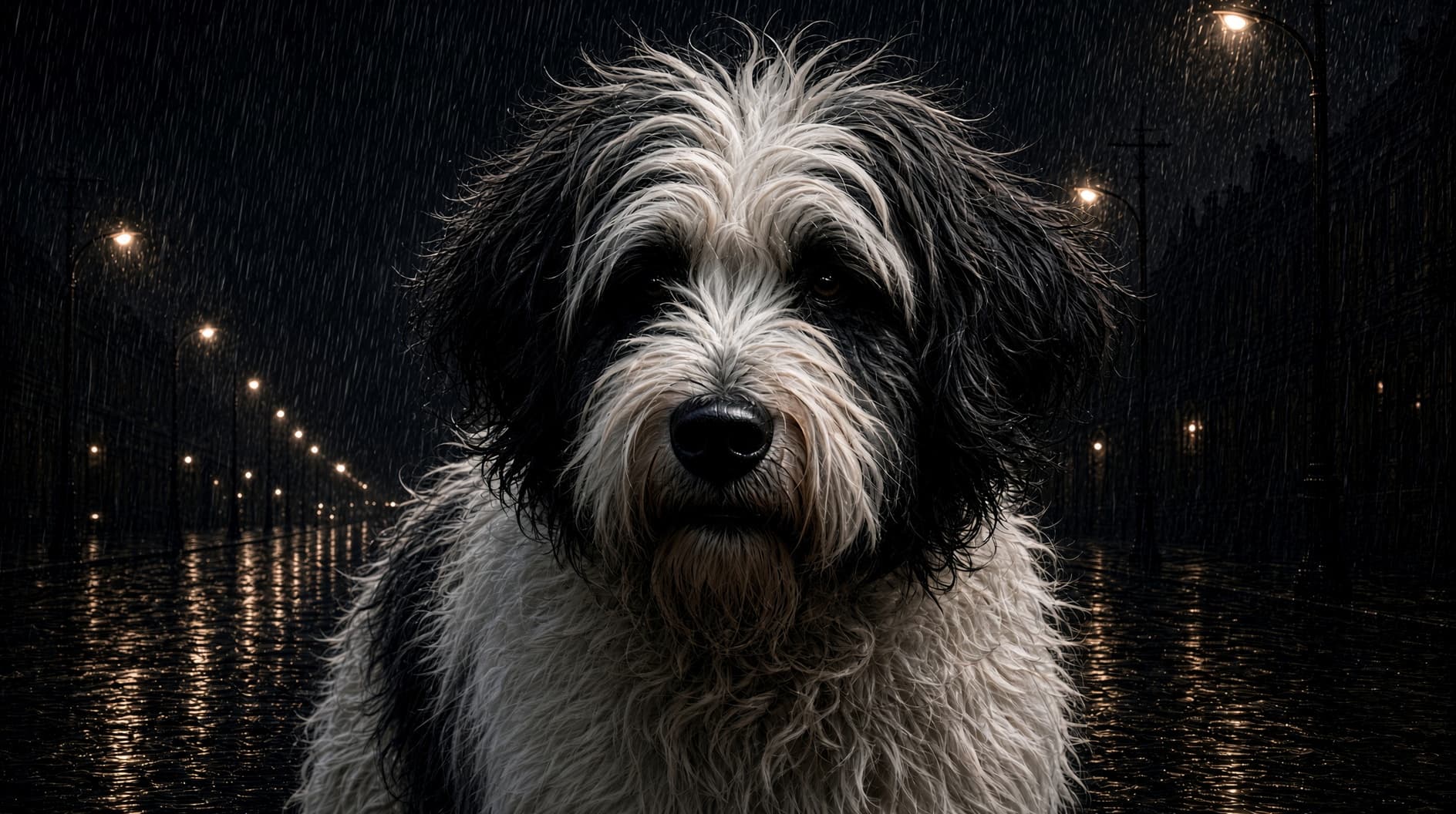 Cocoperro, el perro del cuento, bajo la lluvia de noche.